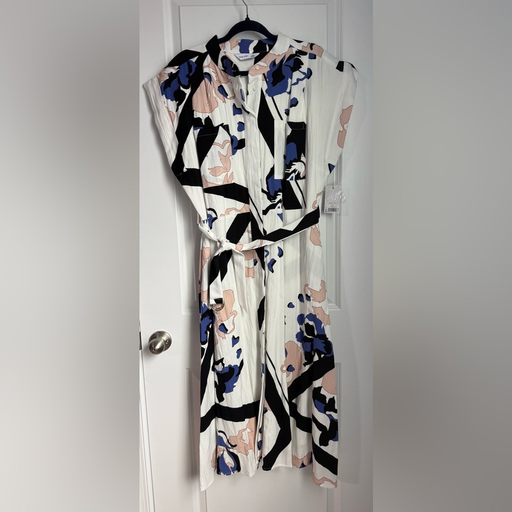 Nine West Abstract Floral Shirt Dress - Black, Blue, Pink
